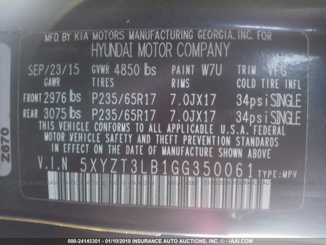 Photo 8 VIN: 5XYZT3LB1GG350061 - HYUNDAI SANTA FE SPORT 