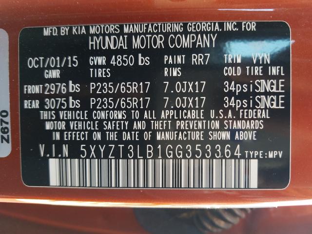 Photo 9 VIN: 5XYZT3LB1GG353364 - HYUNDAI SANTA FE S 