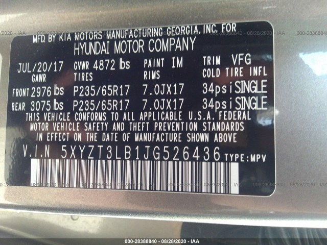 Photo 8 VIN: 5XYZT3LB1JG526436 - HYUNDAI SANTA FE 