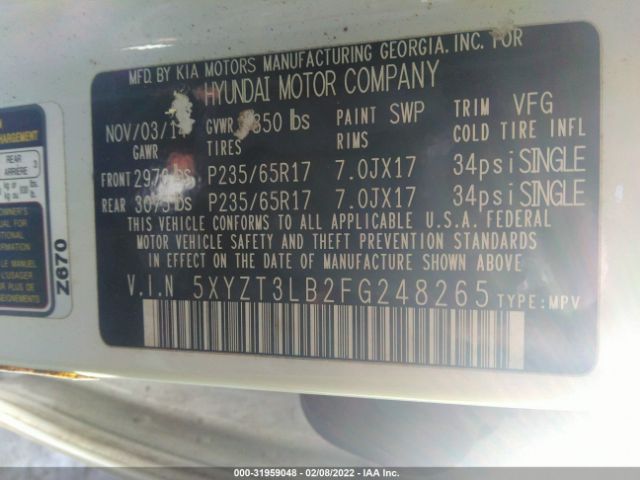 Photo 8 VIN: 5XYZT3LB2FG248265 - HYUNDAI SANTA FE SPORT 