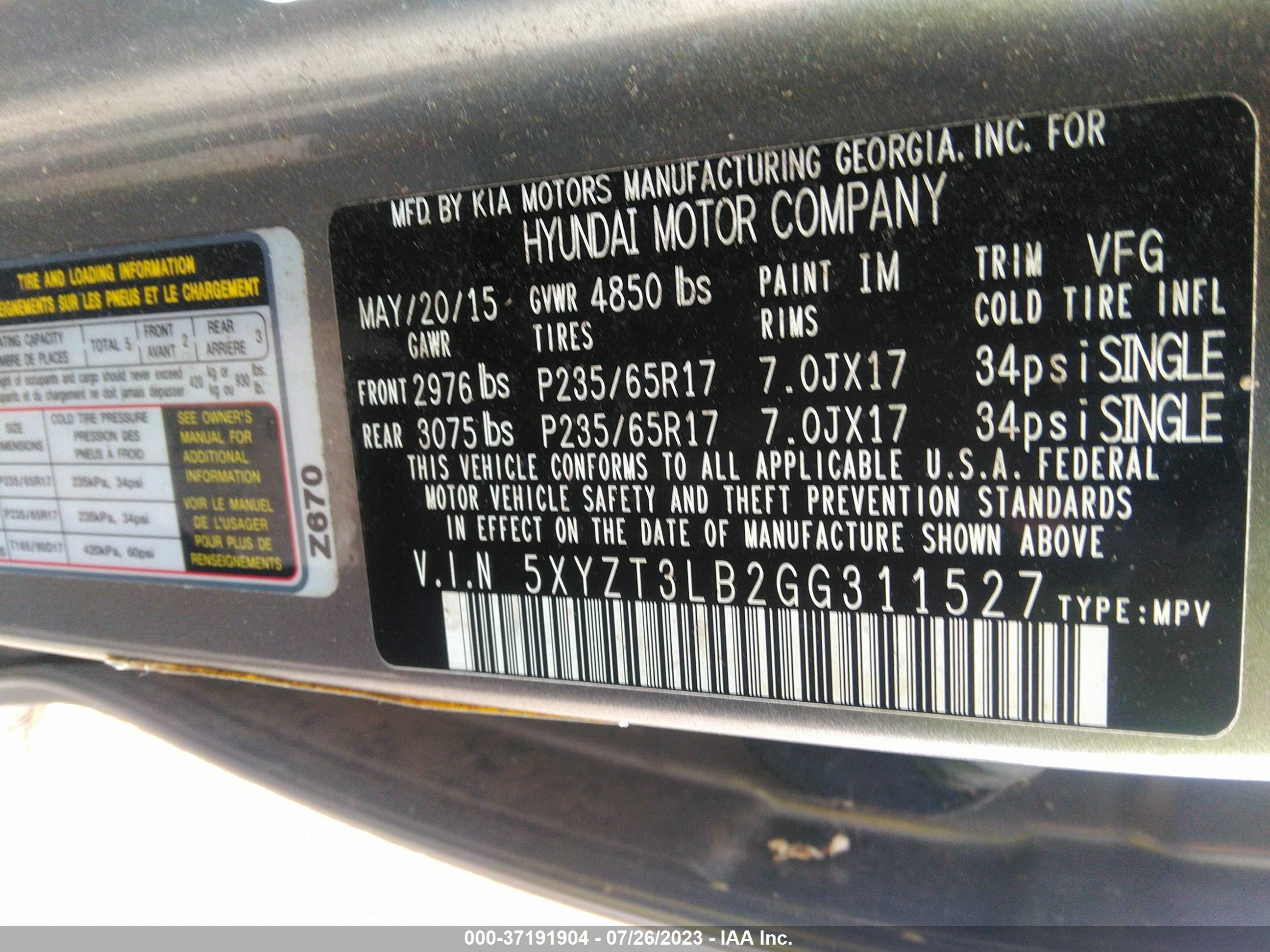 Photo 8 VIN: 5XYZT3LB2GG311527 - HYUNDAI SANTA FE 