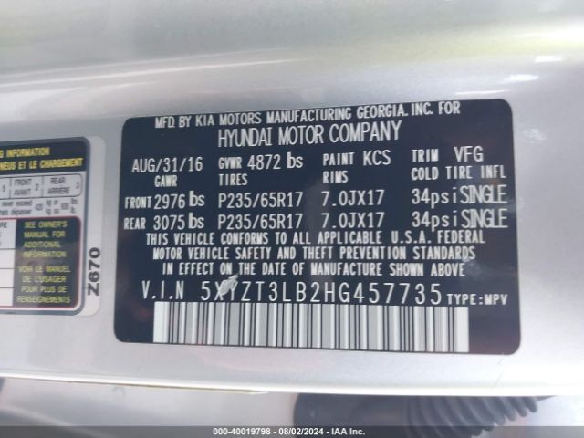 Photo 8 VIN: 5XYZT3LB2HG457735 - HYUNDAI SANTA FE 