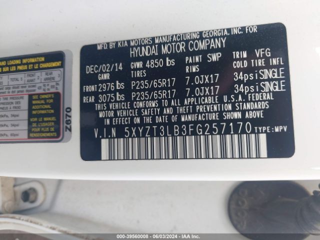 Photo 8 VIN: 5XYZT3LB3FG257170 - HYUNDAI SANTA FE 