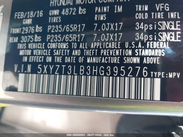 Photo 8 VIN: 5XYZT3LB3HG395276 - HYUNDAI SANTA FE 