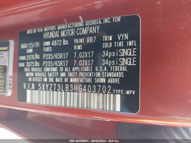 Photo 8 VIN: 5XYZT3LB3HG403702 - HYUNDAI SANTA FE 