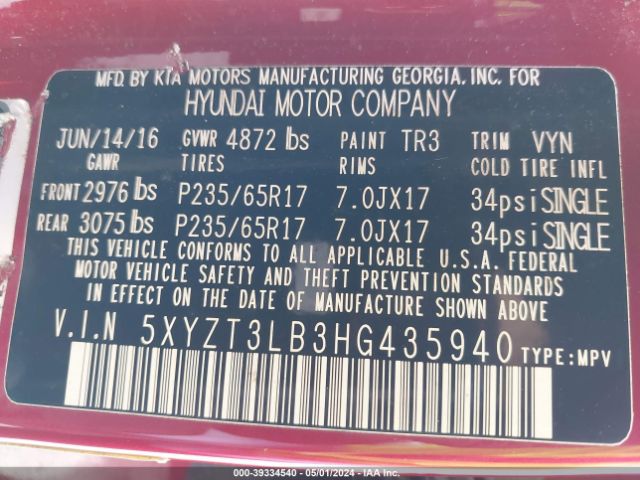 Photo 8 VIN: 5XYZT3LB3HG435940 - HYUNDAI SANTA FE SPORT 