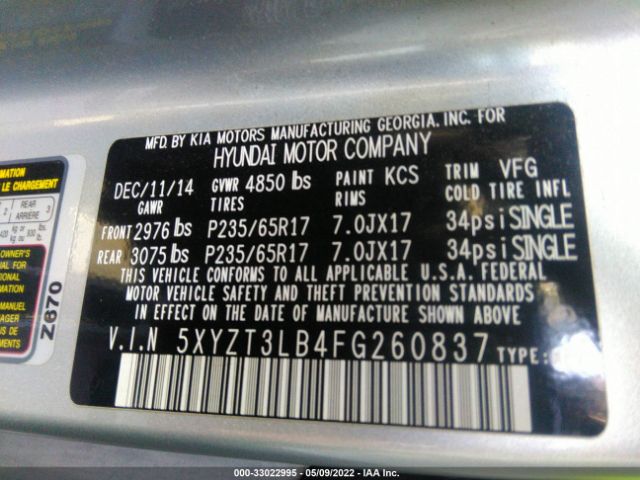 Photo 8 VIN: 5XYZT3LB4FG260837 - HYUNDAI SANTA FE SPORT 