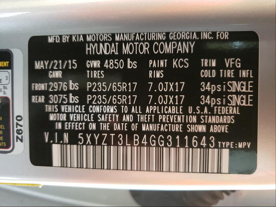 Photo 9 VIN: 5XYZT3LB4GG311643 - HYUNDAI SANTA FE S 