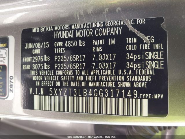 Photo 8 VIN: 5XYZT3LB4GG317149 - HYUNDAI SANTA FE 