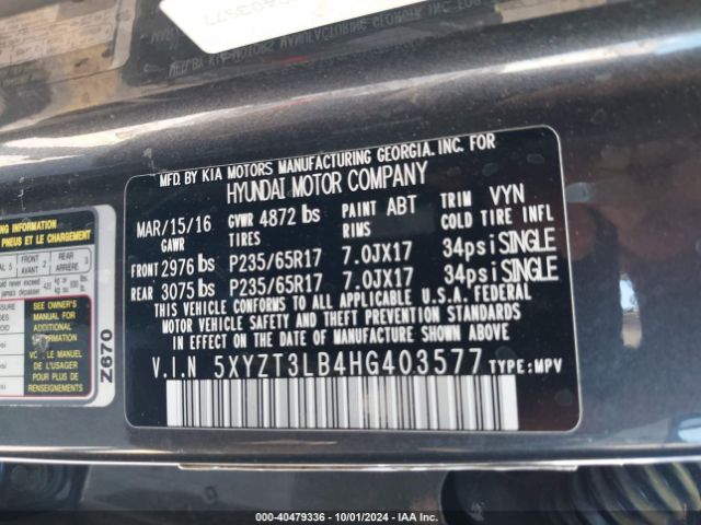 Photo 8 VIN: 5XYZT3LB4HG403577 - HYUNDAI SANTA FE 