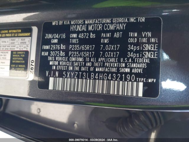 Photo 8 VIN: 5XYZT3LB4HG432190 - HYUNDAI SANTA FE SPORT 