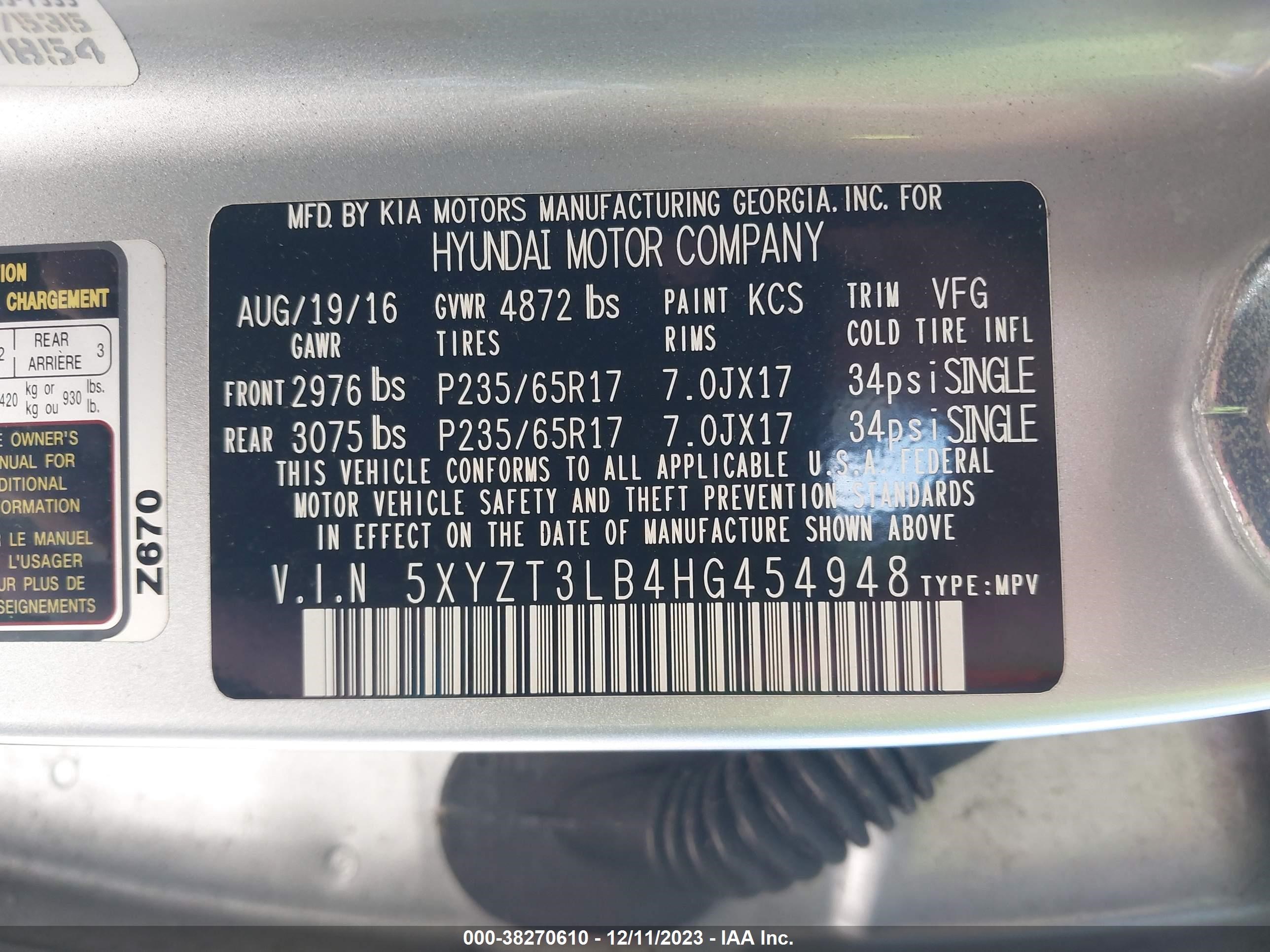 Photo 8 VIN: 5XYZT3LB4HG454948 - HYUNDAI SANTA FE 