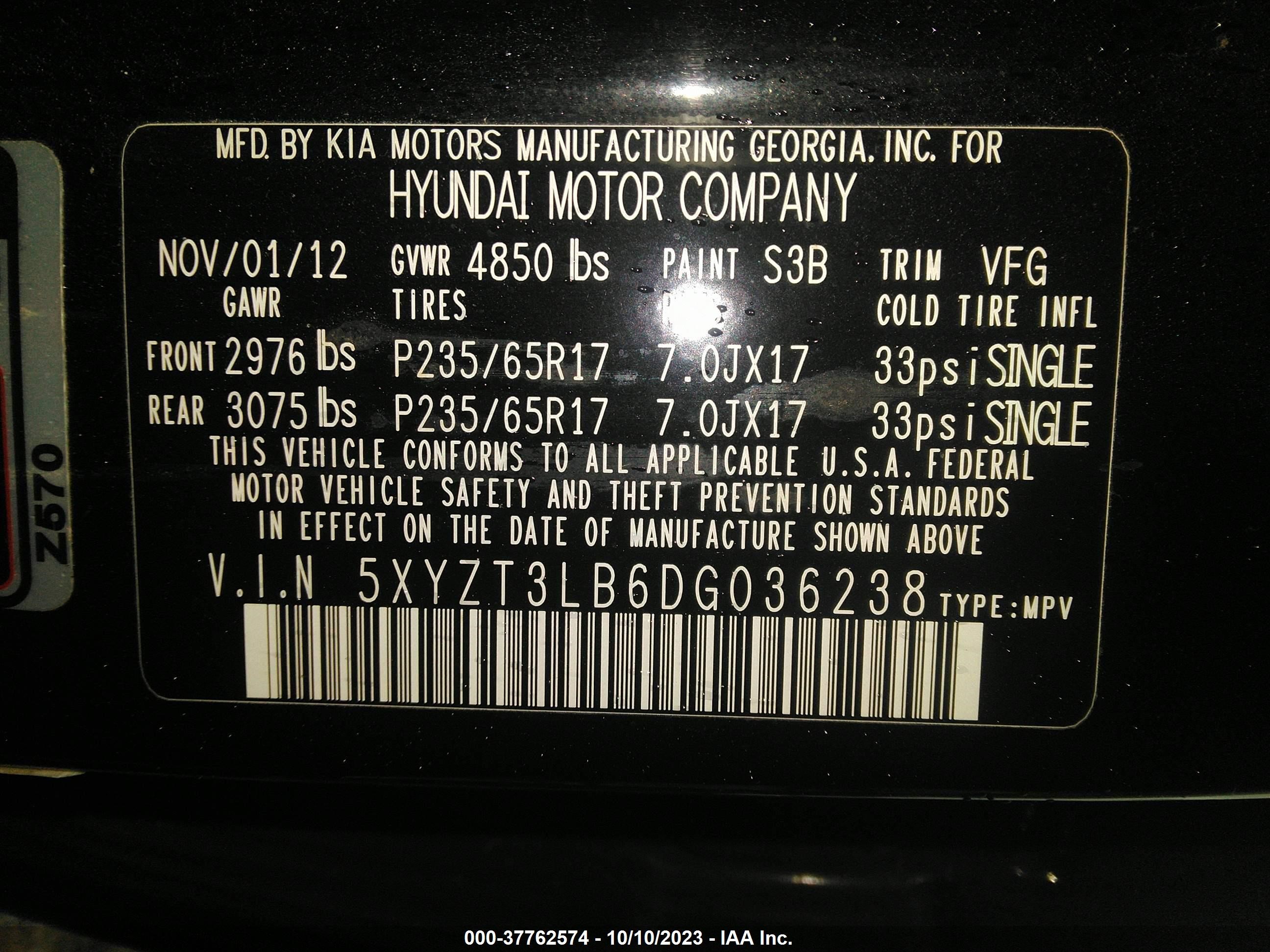 Photo 8 VIN: 5XYZT3LB6DG036238 - HYUNDAI SANTA FE 