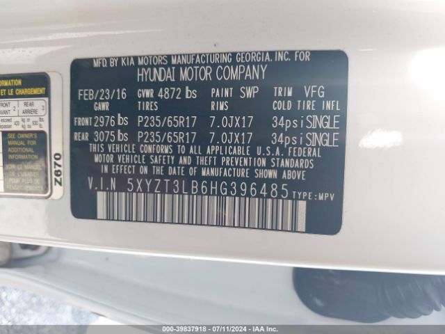 Photo 8 VIN: 5XYZT3LB6HG396485 - HYUNDAI SANTA FE 