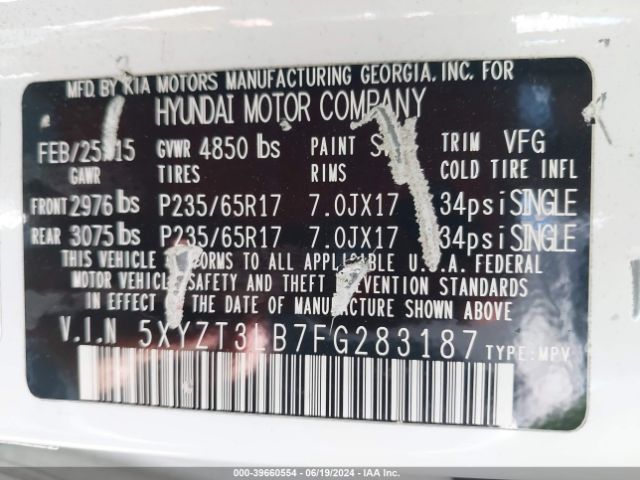 Photo 8 VIN: 5XYZT3LB7FG283187 - HYUNDAI SANTA FE 