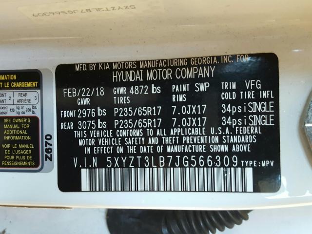 Photo 9 VIN: 5XYZT3LB7JG566309 - HYUNDAI SANTA FE S 