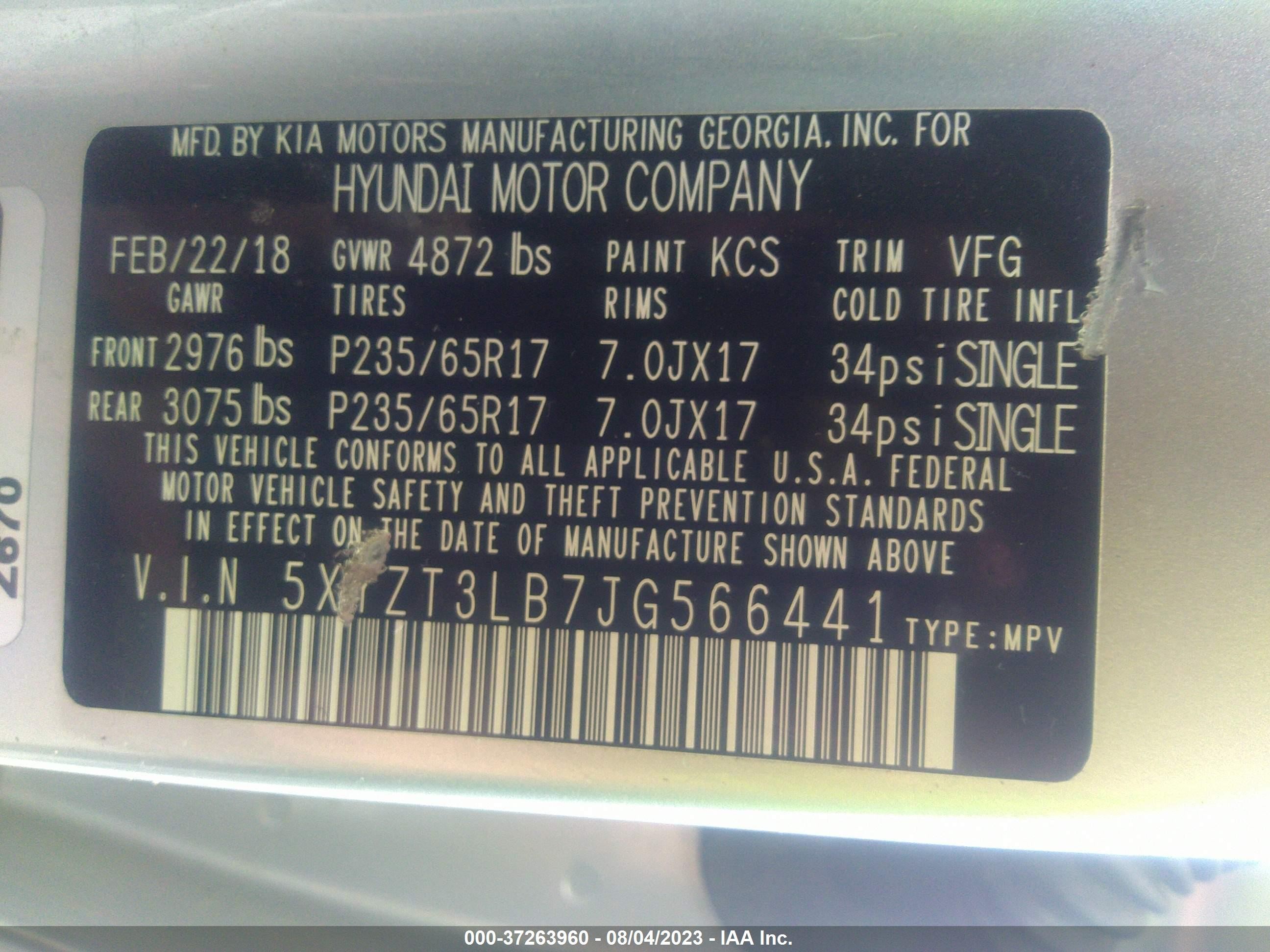 Photo 8 VIN: 5XYZT3LB7JG566441 - HYUNDAI SANTA FE 