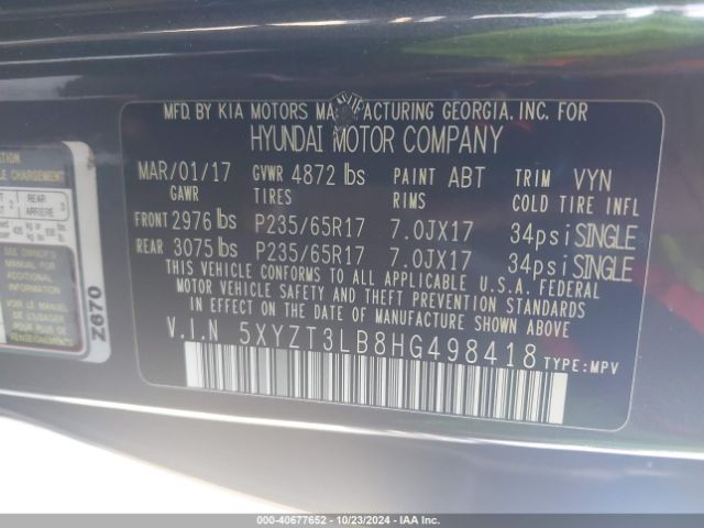 Photo 8 VIN: 5XYZT3LB8HG498418 - HYUNDAI SANTA FE 