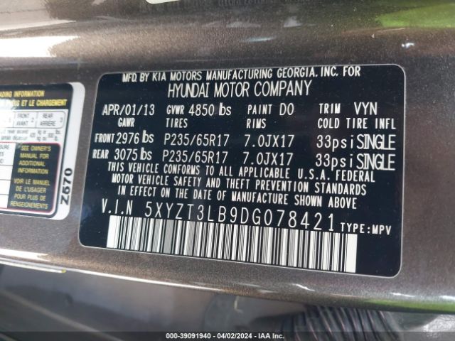 Photo 8 VIN: 5XYZT3LB9DG078421 - HYUNDAI SANTA FE 