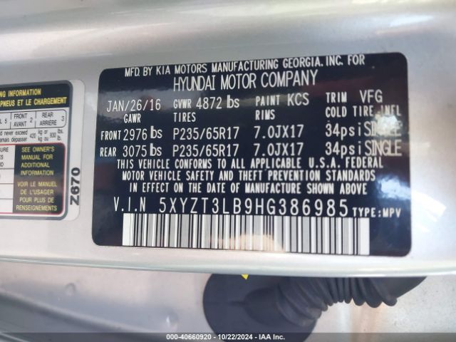 Photo 8 VIN: 5XYZT3LB9HG386985 - HYUNDAI SANTA FE 