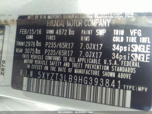 Photo 8 VIN: 5XYZT3LB9HG393841 - HYUNDAI SANTA FE SPORT 