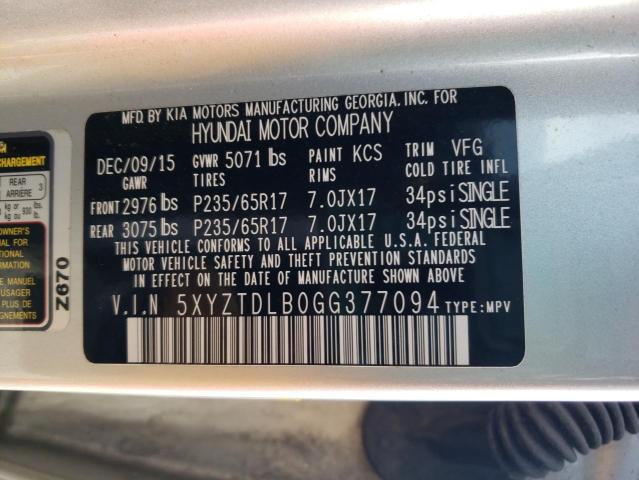 Photo 12 VIN: 5XYZTDLB0GG377094 - HYUNDAI SANTA FE S 