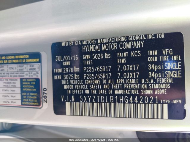 Photo 8 VIN: 5XYZTDLB1HG442021 - HYUNDAI SANTA FE 