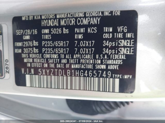 Photo 8 VIN: 5XYZTDLB1HG465749 - HYUNDAI SANTA FE 