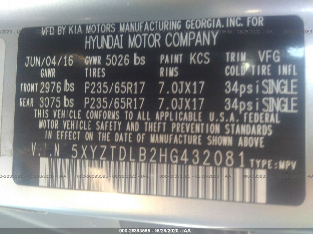 Photo 8 VIN: 5XYZTDLB2HG432081 - HYUNDAI SANTA FE SPORT 