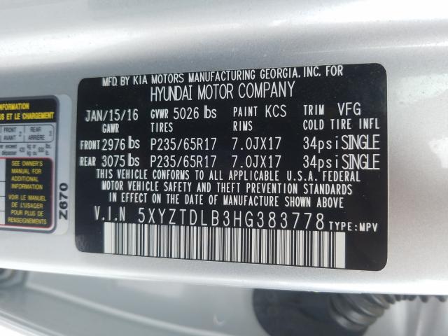 Photo 9 VIN: 5XYZTDLB3HG383778 - HYUNDAI SANTA FE S 