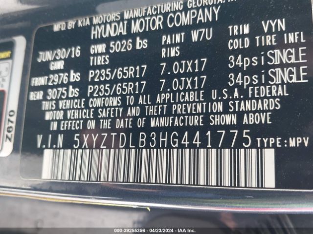 Photo 8 VIN: 5XYZTDLB3HG441775 - HYUNDAI SANTA FE 