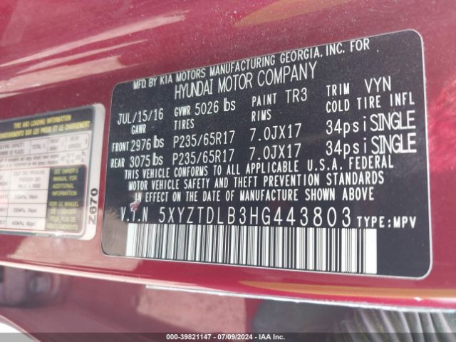 Photo 8 VIN: 5XYZTDLB3HG443803 - HYUNDAI SANTA FE 