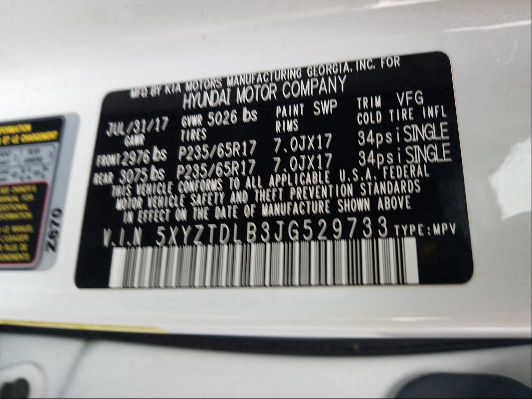 Photo 9 VIN: 5XYZTDLB3JG529733 - HYUNDAI SANTA FE S 