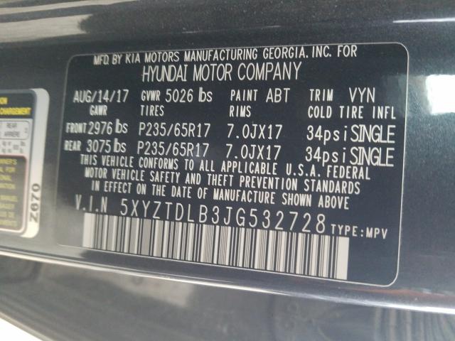 Photo 9 VIN: 5XYZTDLB3JG532728 - HYUNDAI SANTA FE S 