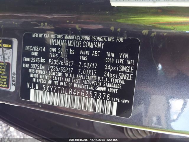 Photo 8 VIN: 5XYZTDLB4FG257376 - HYUNDAI SANTA FE 