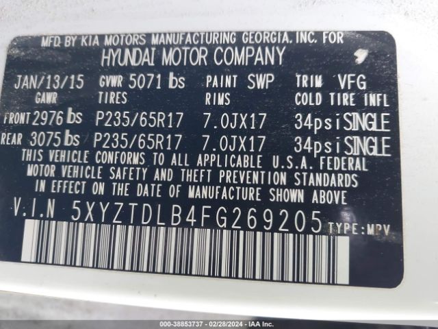 Photo 8 VIN: 5XYZTDLB4FG269205 - HYUNDAI SANTA FE SPORT 