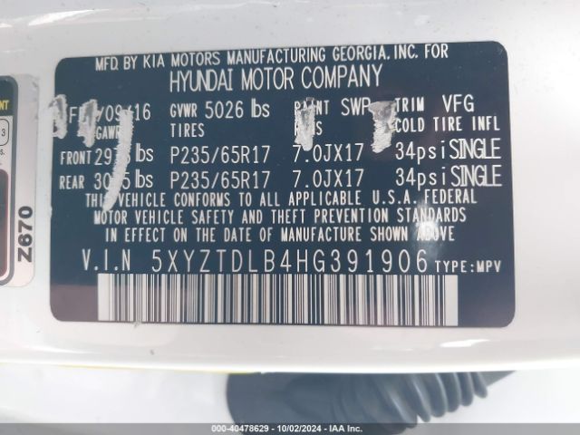 Photo 8 VIN: 5XYZTDLB4HG391906 - HYUNDAI SANTA FE 