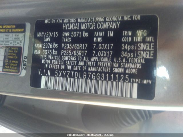 Photo 8 VIN: 5XYZTDLB7GG311125 - HYUNDAI SANTA FE 