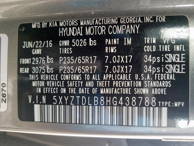 Photo 9 VIN: 5XYZTDLB8HG438788 - HYUNDAI SANTA FE S 