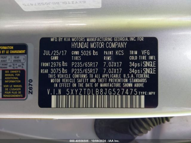 Photo 8 VIN: 5XYZTDLB8JG527475 - HYUNDAI SANTA FE SPORT 