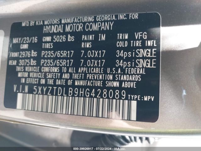 Photo 8 VIN: 5XYZTDLB9HG428089 - HYUNDAI SANTA FE 