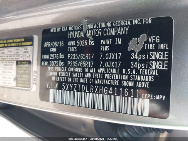 Photo 8 VIN: 5XYZTDLBXHG411611 - HYUNDAI SANTA FE 