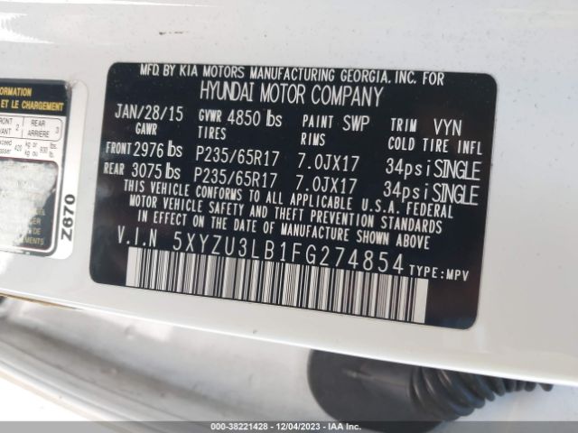 Photo 8 VIN: 5XYZU3LB1FG274854 - HYUNDAI SANTA FE SPORT 