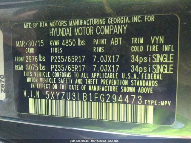 Photo 8 VIN: 5XYZU3LB1FG294473 - HYUNDAI SANTA FE SPORT 