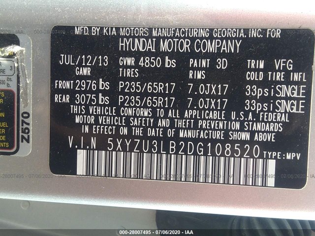 Photo 8 VIN: 5XYZU3LB2DG108520 - HYUNDAI SANTA FE 