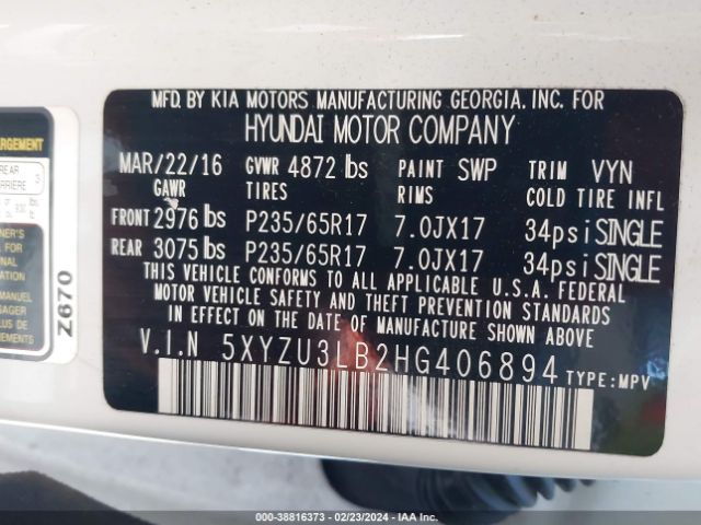 Photo 8 VIN: 5XYZU3LB2HG406894 - HYUNDAI SANTA FE SPORT 