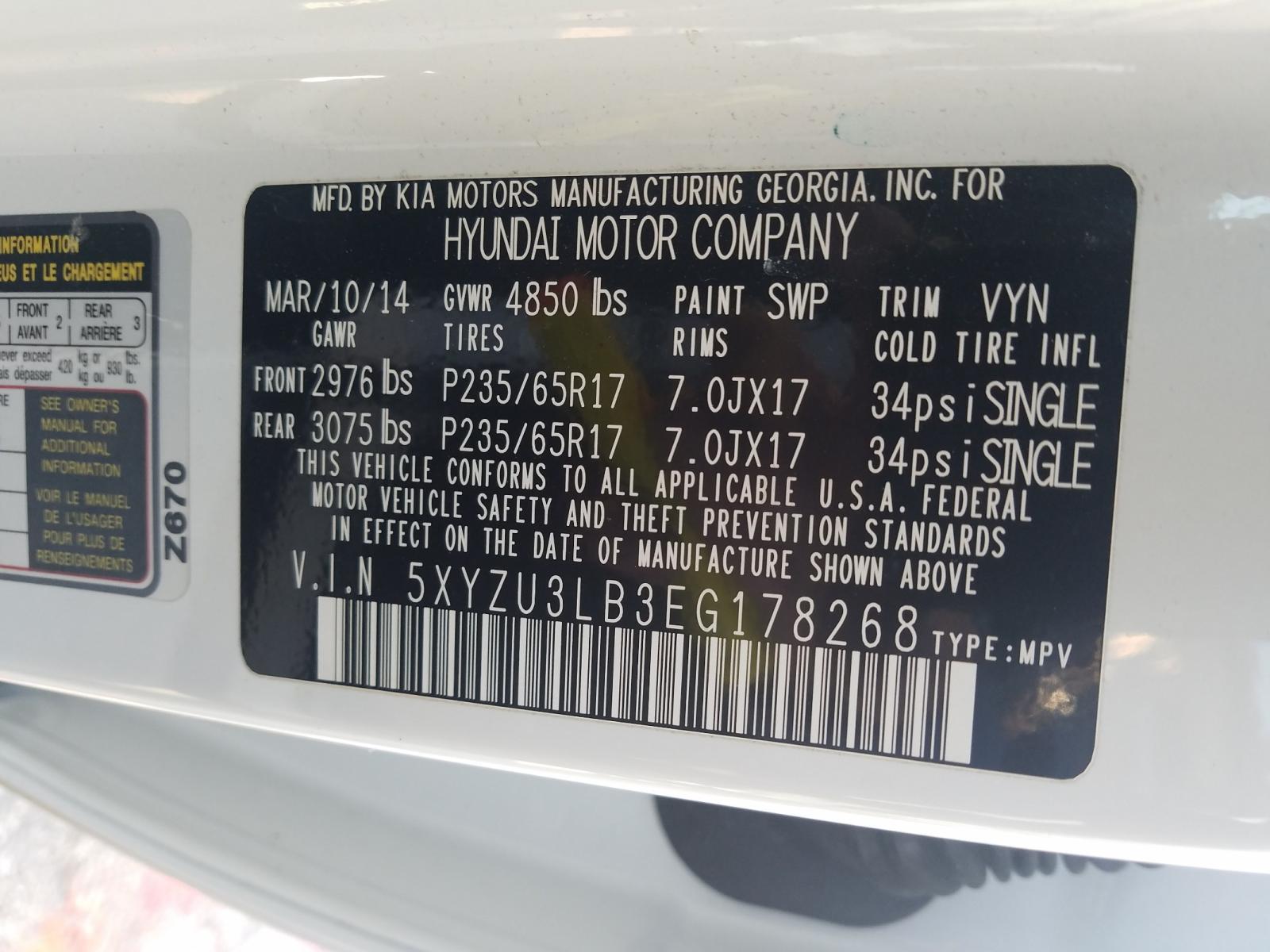 Photo 9 VIN: 5XYZU3LB3EG178268 - HYUNDAI SANTA FE S 