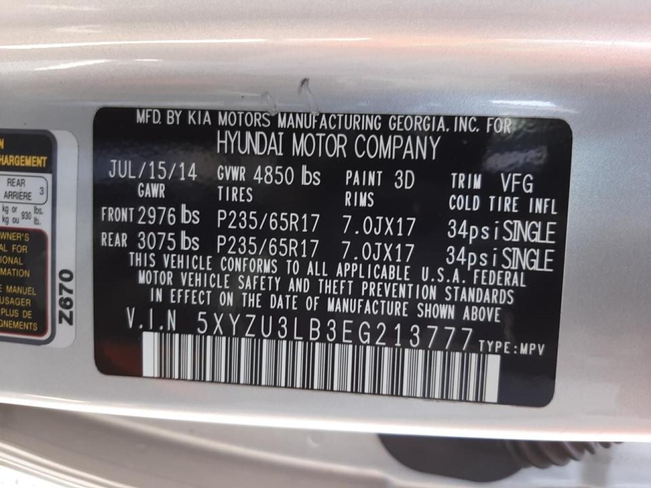 Photo 9 VIN: 5XYZU3LB3EG213777 - HYUNDAI SANTA FE 