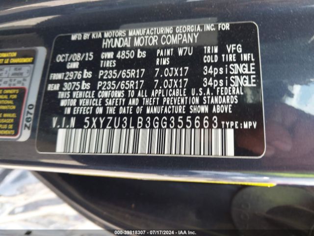 Photo 8 VIN: 5XYZU3LB3GG355663 - HYUNDAI SANTA FE 