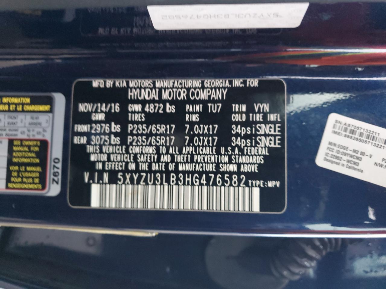 Photo 13 VIN: 5XYZU3LB3HG476582 - HYUNDAI SANTA FE 